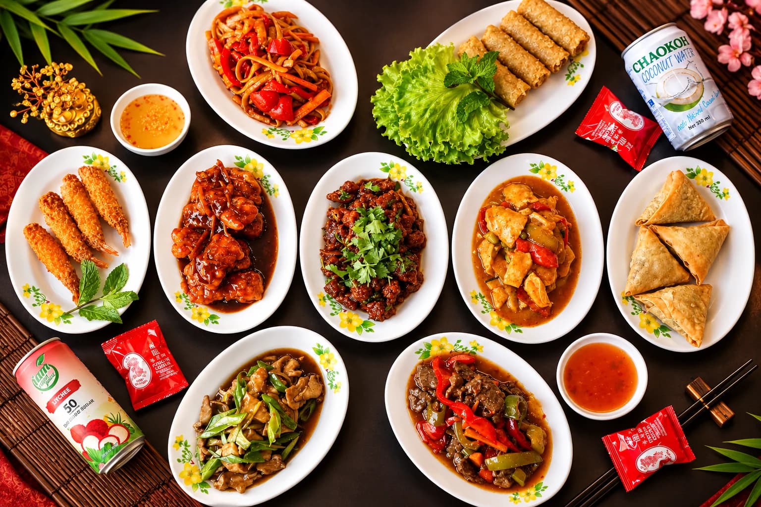 La table Mama Food : nems, crevettes en tempura, woks, nouilles sautées et samoussas
